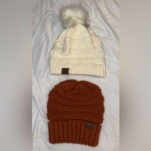 Two C.C Beanies with Leather Logo - Rust Orange & Off White/Cream